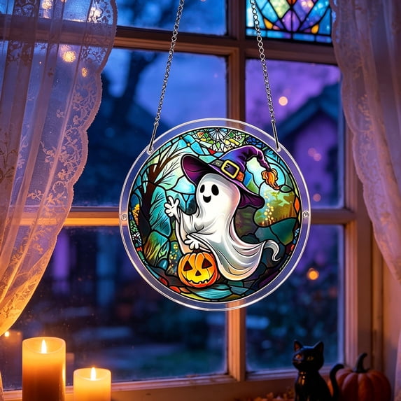 Halloween Suncatcher, 7.87 Inch Round Acrylic Window Hanging Decor, Ghost with Witch Hat & Pumpkin Design, Creates Rainbow Light Refraction, Halloween Home and Party Ornament