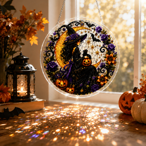 Halloween Suncatcher Acrylic Puzzle Window Hanging Decoration With Witch Pumpkin Skeleton Designs For Spooky Seasonal Home Decor