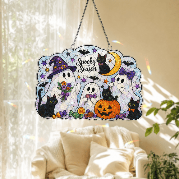 Halloween Suncatcher Acrylic Window Hanging Ghost and Black Cat Spooky Decor
