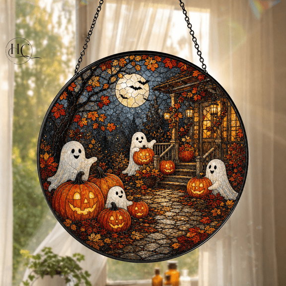Halloween Suncatcher Boo Ghost and Pumpkins Window Hanging for Fall Decor