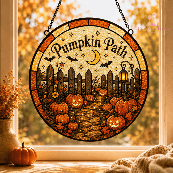 Halloween Suncatcher Cozy Autumn Stained Glass Pumpkin Path Window Hanging Gift