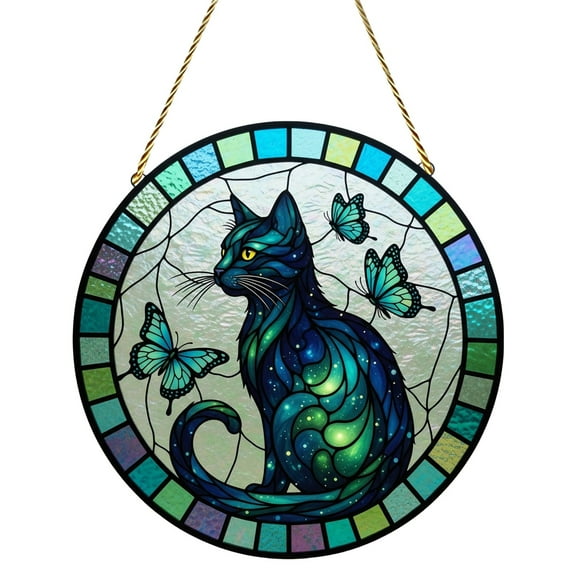 Halloween Suncatcher Stained Glass,Black Cat Hanging Stained Glass for Windows for Cat Lovers, Hand-Painted Suncatcher Garden Hangings Thanksgiving Fall Christmas Festive Gift