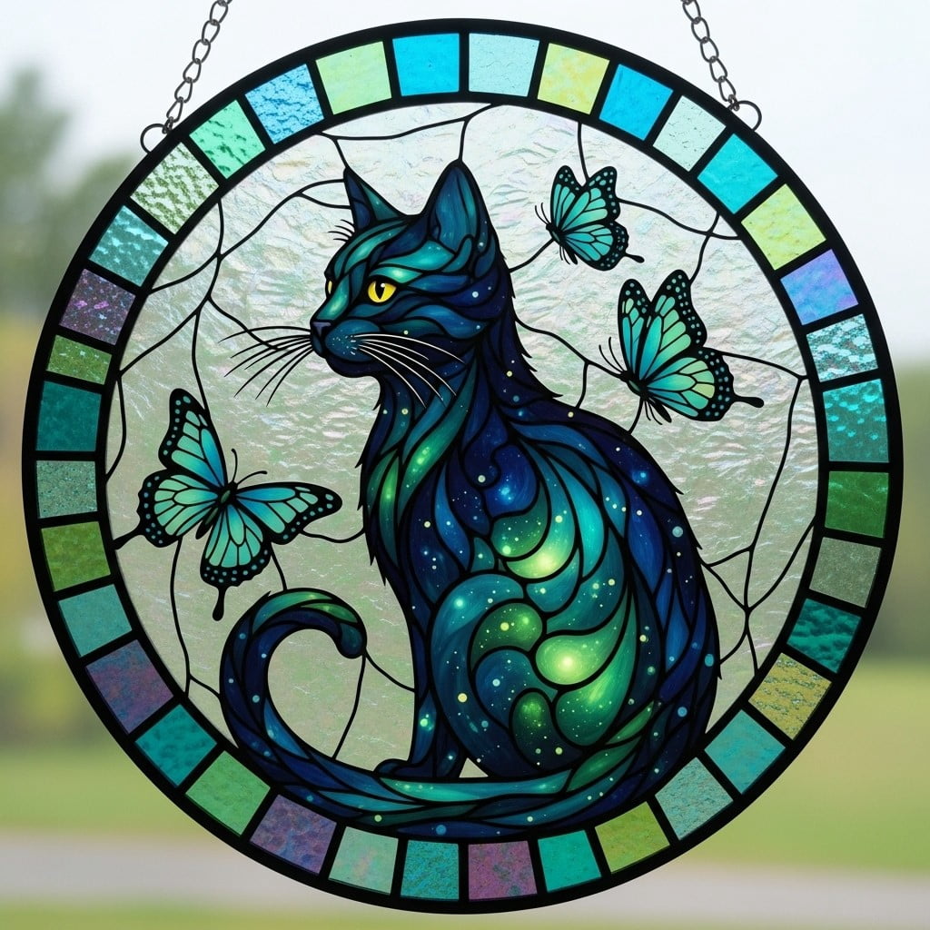 Halloween Suncatcher Stained Glass,Black Cat Hanging Stained Glass for ...