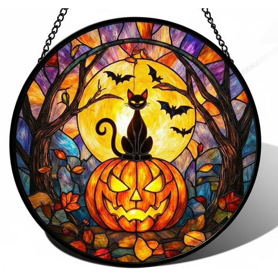 Halloween Suncatcher Stained Glass Window Hanging, Black Cat on Pumpkin with Full Moon and Bats, Stained Glass Halloween Window Decor for Spooky Home Decoration (7.9IN)