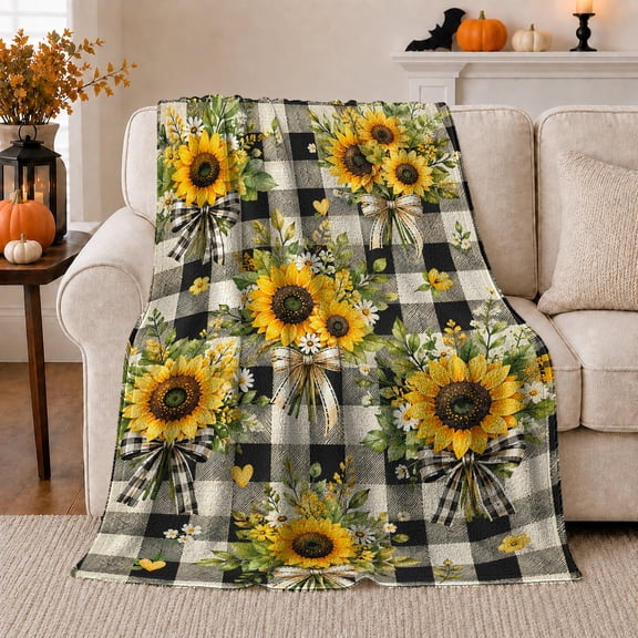 Halloween Sunflower Bouquet Buffalo Plaid, Festive Halloween Scene, Warm Flannel Blanket for Living Room and Family Room, Art Lovers Halloween Gift, Festive Home Decor