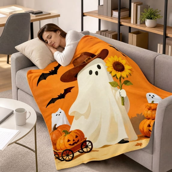 Halloween Sunflower Ghost Flannel Throw Blanket, Pumpkin Bat Print Decorative Cover for Couch, Sofa and Bedroom