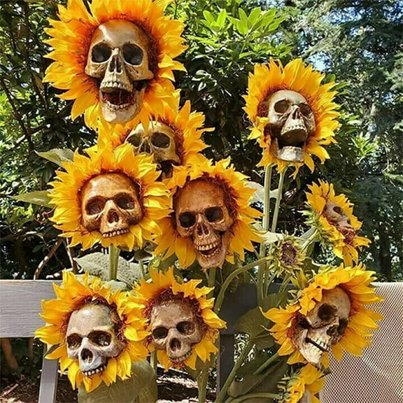 Halloween Sunflower Skull Garden Decoration, DIY Sunflower Skulls Bouquet Gothic Halloween Decor, Sunflower Skull Halloween Garden Fun Decoration Props for Gardens, Courtyards, Terraces