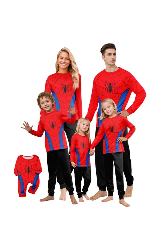 Halloween Superhero Family Pajamas Matching Sets, Cartoon Spider Black Red Halloween Family Pajamas Soft Long Sleeve Sleepwear for Men and Women