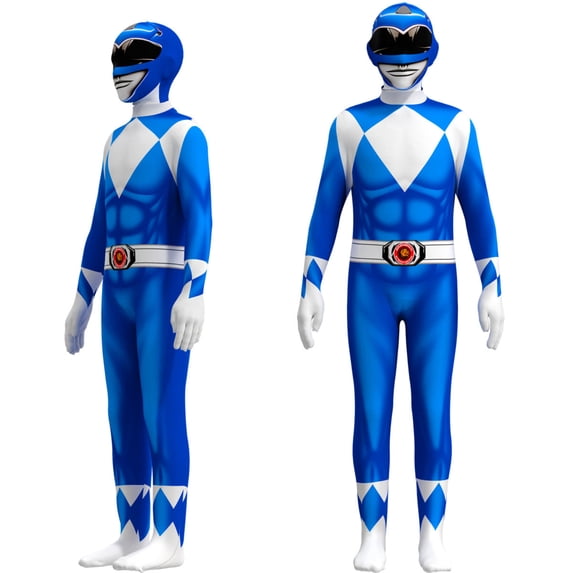 Halloween Superhero Rangers Costume Full Body Zentai Spandex Jumpsuit Morphin Cosplay Bodysuit Retro Anime Theme Dress Up Set for Halloween Party,Size 120