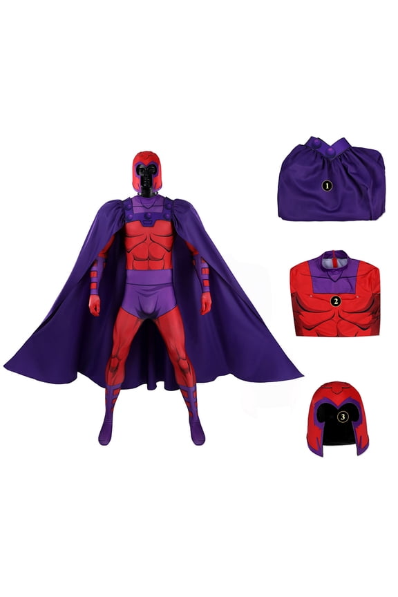 Halloween Superhero Villain Costume for Men, Full Bodysuit with Purple Cape and Helmet, Professional Cosplay Outfit for Costume Party, Stage Performance and Dress Up,Size S