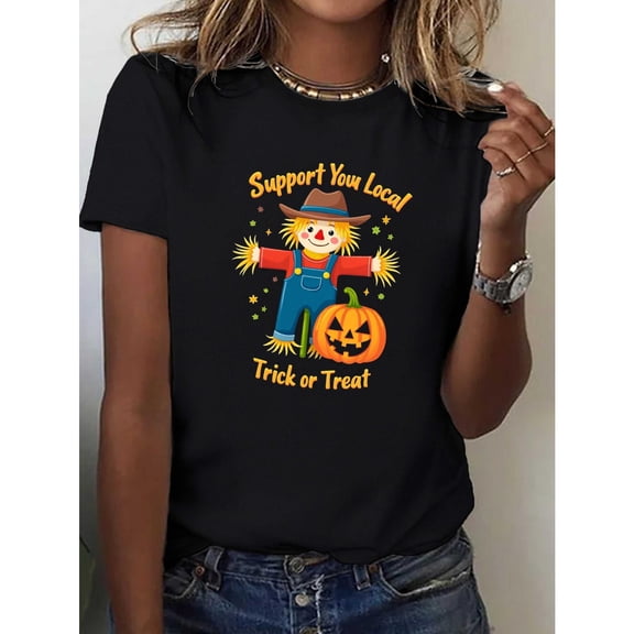 Halloween Support Local T Shirt Scarecrow Pumpkin Graphic Fall Casual Comfortable Top Black S-5XL