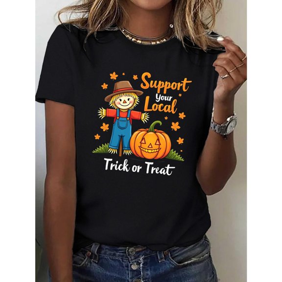 Halloween Support Local T Shirt Scarecrow Pumpkin Graphic Fall Seasonal Breathable Black S-5XL