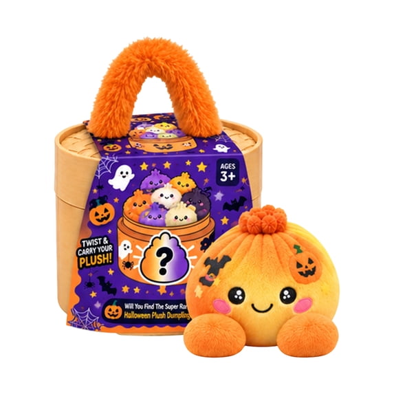 Halloween Surprise Dumpling Plush Toy, Kawaii Mystery Pumpkin Stuffed Animal Decor in Portable Carry Box, Spooky Holiday Party Favor Collectible