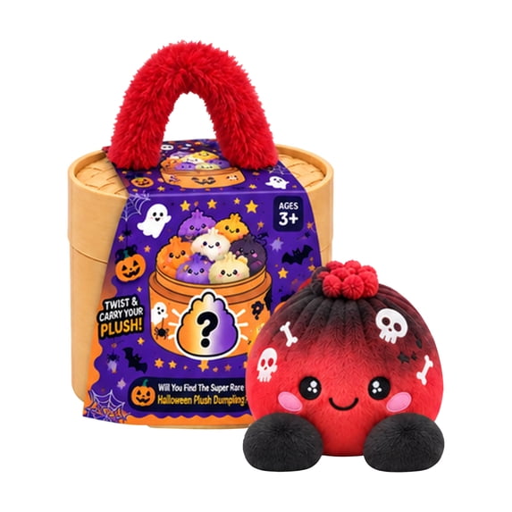 Halloween Surprise Dumpling Plush Toy, Kawaii Mystery Skull Stuffed Animal Decor in Portable Carry Box, Spooky Holiday Party Favor Collectible