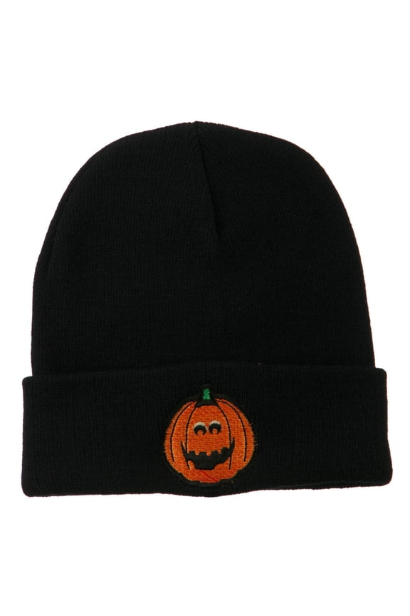 Halloween Surprised Jack o Lantern Embroidered Long Beanie - Black OSFM