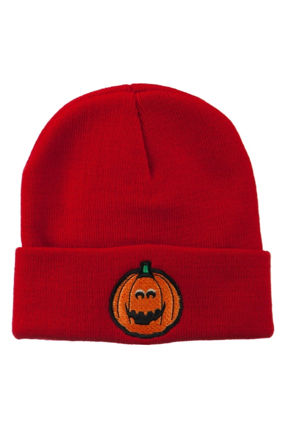Halloween Surprised Jack o Lantern Embroidered Long Beanie - Red OSFM