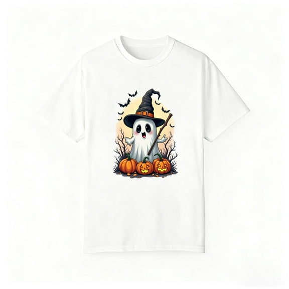 Halloween Surprised Witch Hat Triple Pumpkins T Shirt Art Graphic Tees Bat Silhouettes Tops Vintage Comfort White S-5XL