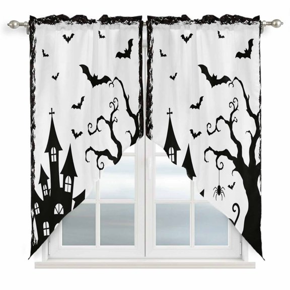 Halloween Swag Curtain Valance for Windows, Spooky Bat Castle Cat Spiders Tree Pastel White Background Window Treatments Short Swag Topper for Kitchen Windows Bathroom Bedroom, 28"x36"