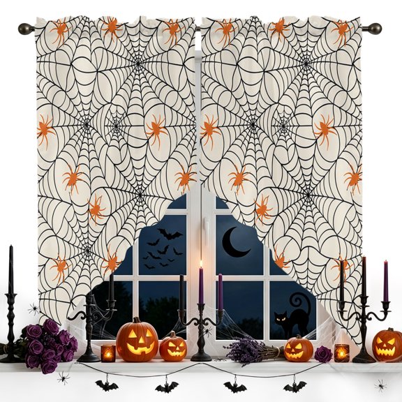 Halloween Swag Curtain Valances for Kitchen, Minimalist Orange Creeper Black Cobweb Horror Beige Rod Pocket Curtains Window Treatment Swag Valance for Bedroom Bathroom, 2 Panels 28 x 36 Inch