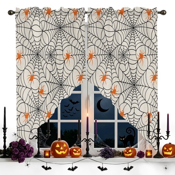 Halloween Swag Curtain Valances for Kitchen, Minimalist Orange Creeper Black Cobweb Horror Linen Rod Pocket Curtains Window Treatment Swag Valance for Bedroom Bathroom, 2 Panels 28 x 36 Inch