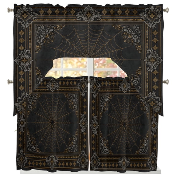 Halloween Swag Curtains for Living Room/Bedroom Windows, Vintage Dark Spiders Floral Scrollwork Kitchen Curtains and Valances Set 36 Inch Length, Light Filtering Swags Valance Curtain Panels