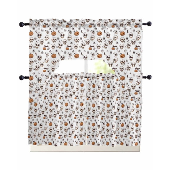 Halloween Swag Kitchen Curtains Sets for Windows 24 Inch Length, White Horror Skull Pumpkins Bats Short Window Curtain Panels Swags Valances and Tiers 3 Piece Set for Cafe/Dining Room