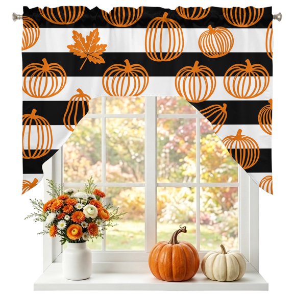 Halloween Swag Valances for Windows 56 x 36 Inch, Orange Pumpkin Outlines Maple Leaf Black White Striped Rod Pocket Light Filtering Window Topper for Kitchen Bathroom Bedroom Living Room