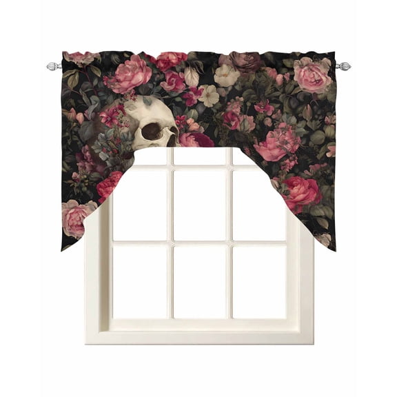 Halloween Swag Valances for Windows, Small Curtains Drapes, Horror Skull Retro Red Pink Rose Floral Kitchen Window Curtains Over Sink Rod Pocket Window Treatment Valance for Bedroom/Bathroom 56"x36"
