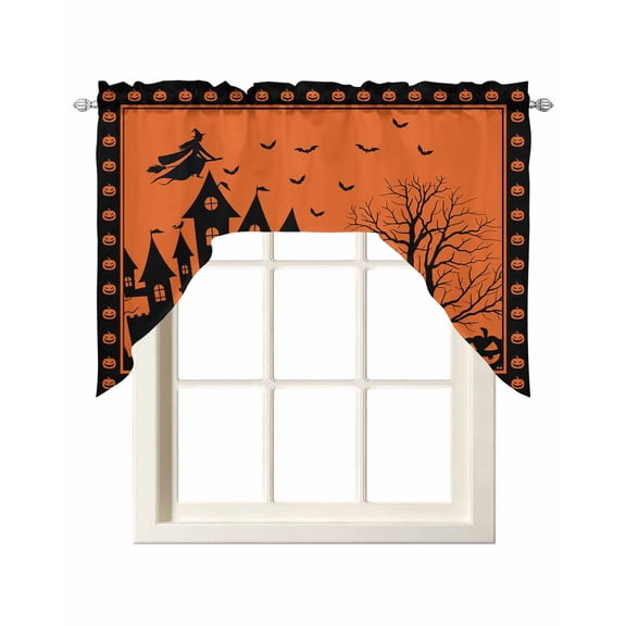 Halloween Swag Valances for Windows, Small Curtains Drapes, Orange Black Pumpkin Ghost Castle Witch Kitchen Window Curtains Over Sink Rod Pocket Window Treatment Valance for Bedroom/Bathroom 56"x36"