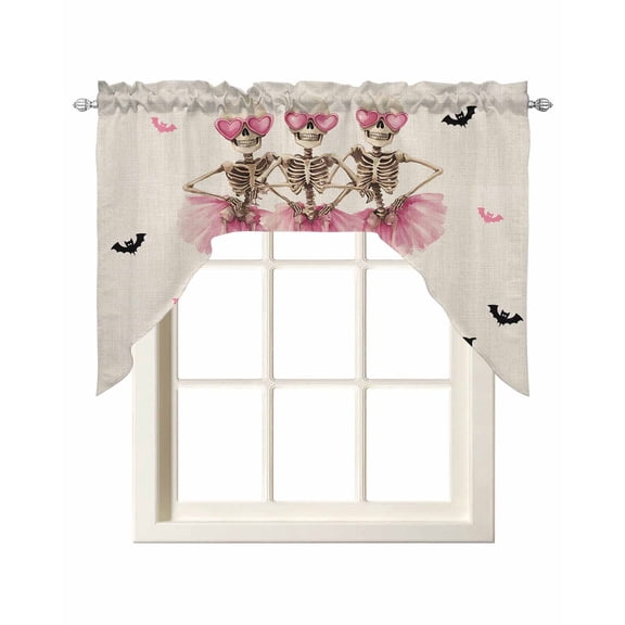 Halloween Swag Valances for Windows, Small Curtains Drapes, Pink Ballet Skull Bat Rustic Kitchen Window Curtains Over Sink Rod Pocket Window Treatment Valance for Bedroom/Bathroom 56"x36"