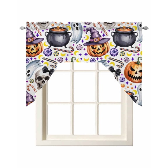 Halloween Swag Valances for Windows, Small Curtains Drapes, Skeleton Candy Cane Pumpkin Cute Ghost Kitchen Window Curtains Over Sink Rod Pocket Window Treatment Valance for Bedroom/Bathroom 56"x36"