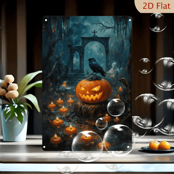 Halloween Swamp Night Art 8x12in Metal Wall Decor, Spooky Carved Jack-o'-Lantern with Crow on Mossy Stump, Floating Candles in Dark Forest, Gothic Stone Archway & Ghostly Figures, Blue Orange Black H