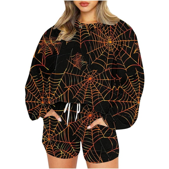 Halloween Sweat Shorts Sets Womens Pumpkin/Ghost/Bats Printed Funny Cute Holiday Party Outfits 2 Piece Sweatsuits (XL, Black 01)