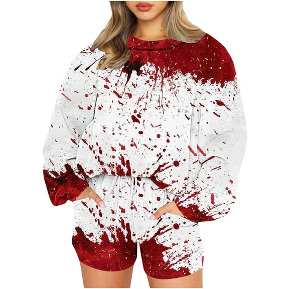 Halloween Sweat Shorts Sets Womens Pumpkin/Ghost/Bats Printed Funny Cute Holiday Party Outfits 2 Piece Sweatsuits (XL, Red)