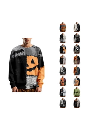 Halloween Sweater Men Long Sleeve Relaxed Fit Funny Pumpkin Face Pattern Knitted Crewneck Pullover Sweaters
