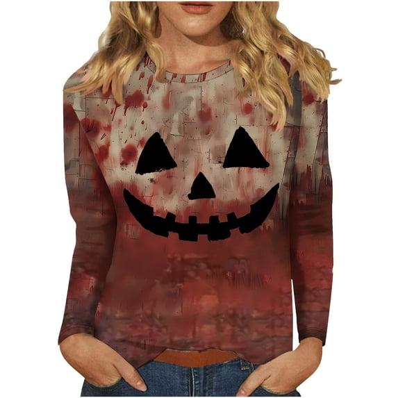 Halloween Sweater for Women Clearance Womens Long Sleeve T Shirts Crewneck Sweatshirt Womens Sweaters Dressy Casual Sweatshirts Loose Fit 2024 Women's Fashion Tees Round Neck T Shirt Retro Print Shirt