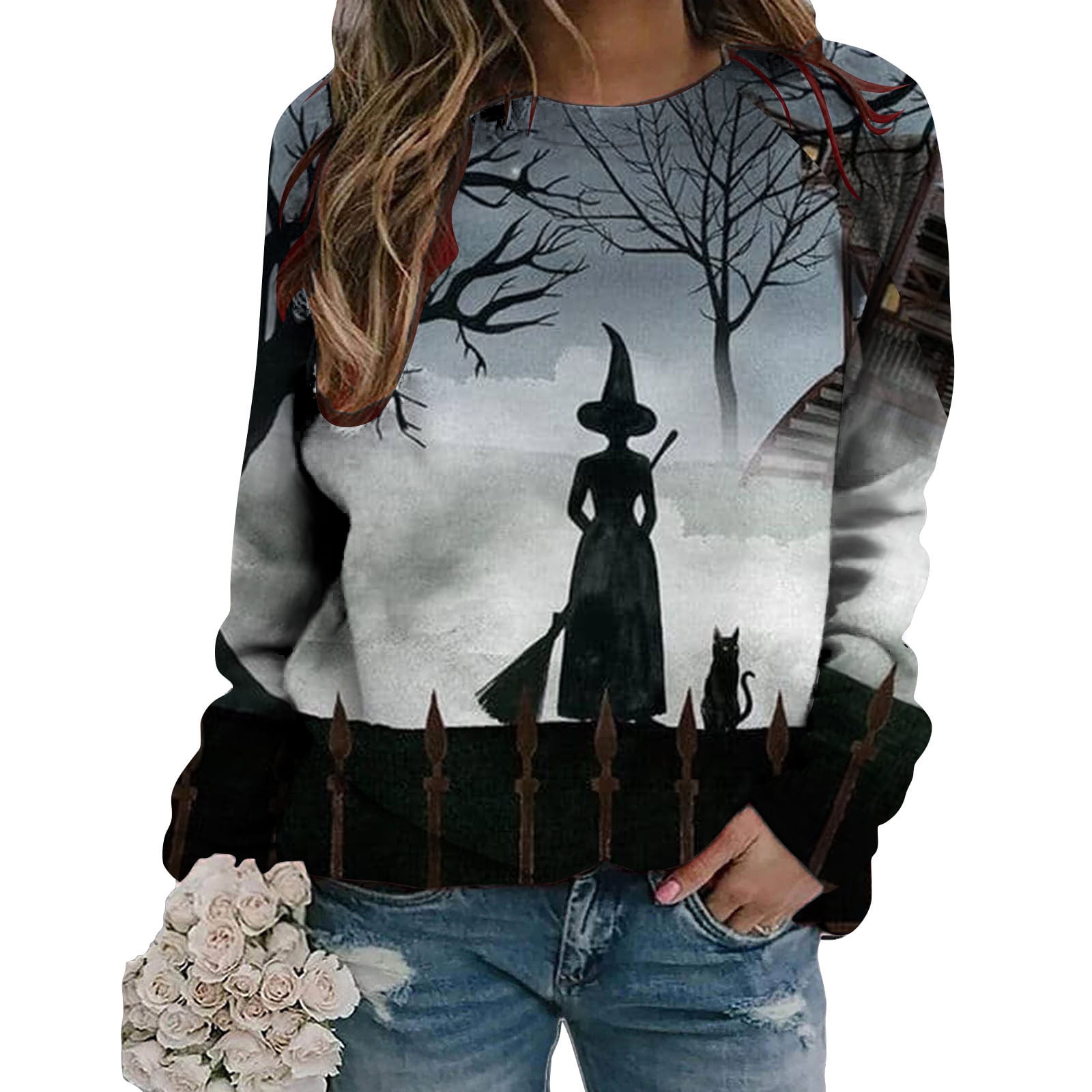 Halloween Sweaters For Women 2024 Long Sleeve Crewneck Lightweight Top
