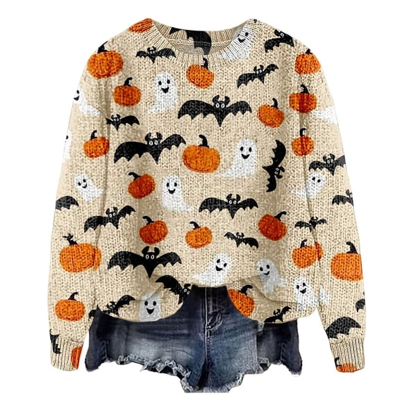 Halloween Sweaters For Women Autumn Winter Halloween Printed Pullover Top Long Sleeve Crewneck Oversized Sweatshirt High-Quality Looped Pile Fabric Perfect For Casual Daily Outfits Women Sweaters
