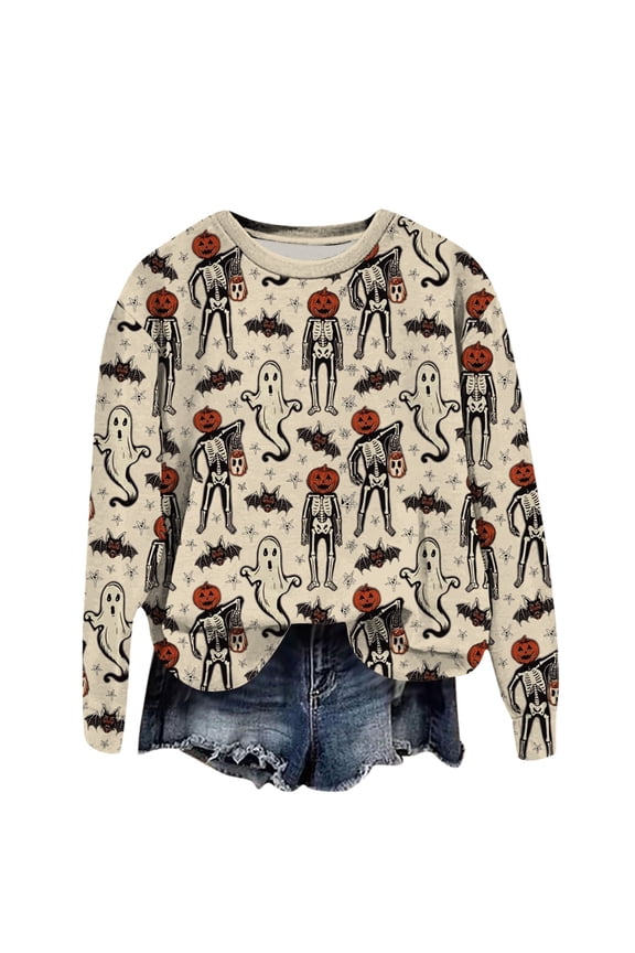 Halloween Sweaters For Women Autumn Winter Halloween Printed Pullover Top Long Sleeve Crewneck Oversized Sweatshirt High-Quality Looped Pile Fabric Perfect For Casual Daily Outfits Women Sweaters