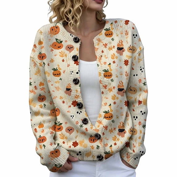 Halloween Cardigans for Women Cute Pumpkin Ghost Witch Print Knit Cardigans | Cute Halloween Knitted Cardigans ,Lightweight Breathable Cardigan,Ideal for Funny Par