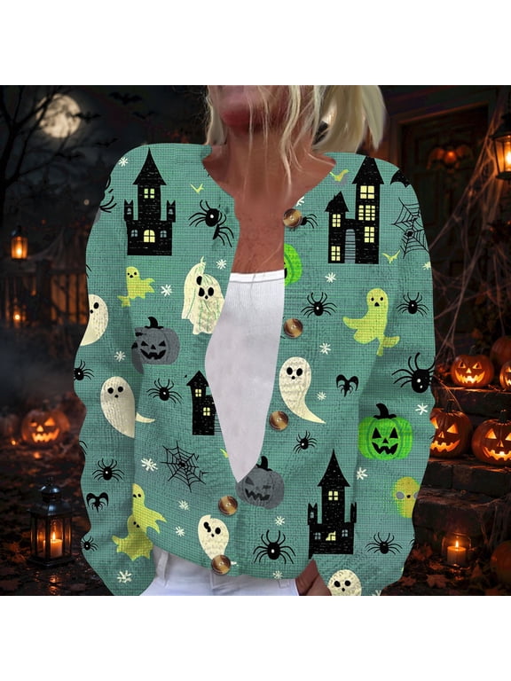 Halloween Sweaters for Women Funny Cartoon Ghost Womens Cardigan Sweaters Open Knit Utton Down Cropped Long Sleeve Fall Winter Trendy Soft Cardigan Outwear Green 3XL