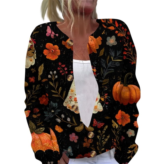 Halloween Sweaters for Women Novelty Halloween Party Graphic Womens Sweaters Cardigan Knit Button Up Cropped Long Sleeve Fall Winter Holiday Plus Size Cardigan Sweaters Black M