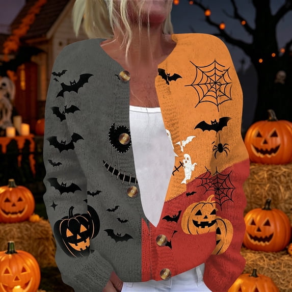 Halloween Sweaters for Women Novelty Pumpkin Bat Womens Sweaters Cardigan Knit Button Up Cropped Long Sleeve Fall Winter Fashion Comfy Cardigan Sweaters Red S