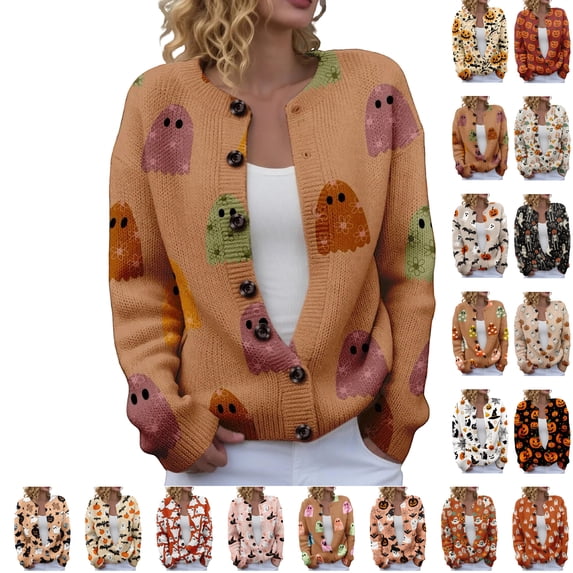 Halloween Sweaters for Women Novelty spooky Ghost Womens Sweaters Cardigan Knit Button Down Cropped Long Sleeve Fall Holiday Soft Cardigan Outwear Green L
