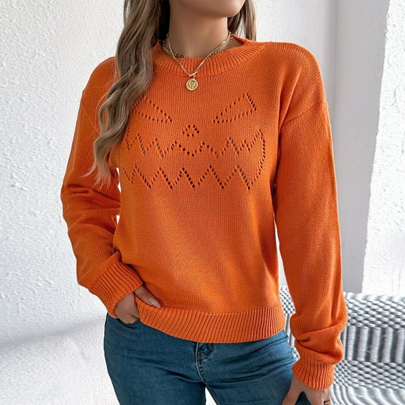 Halloween Sweaters For Women Plus Size Hollow Out Pumpkin Graphic Knit Long Sleeve Sweatshirt Crew Neck Lounge Funny Tops 2025 Fall Winter Holiday Trendy Sweater