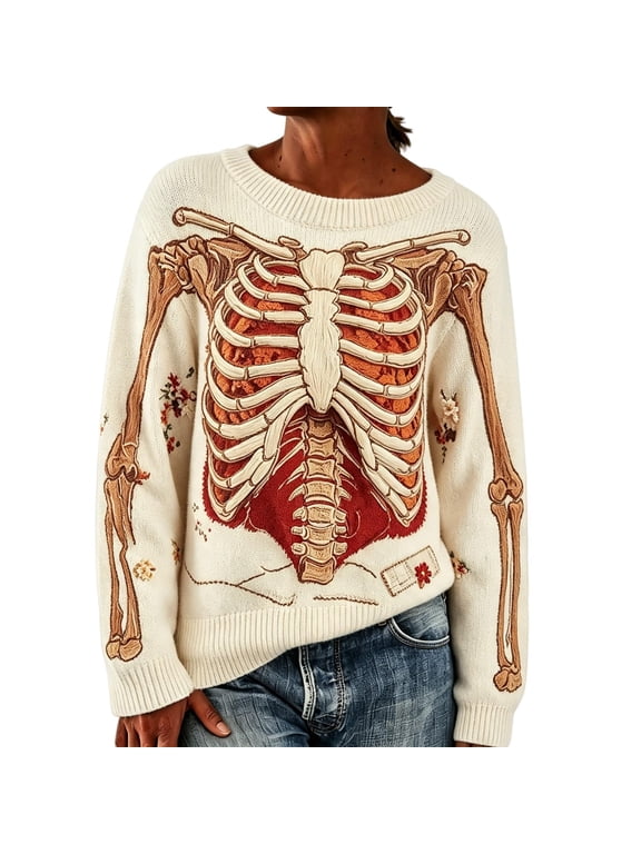 Halloween Sweaters for Women Skeleton Floral Graphic Skull Sweater, Halloween Sweater,Skeleton Sweater Long Sleeve Gothic Pullover Vintage Skull Sweaters Fall Casual Outfits
