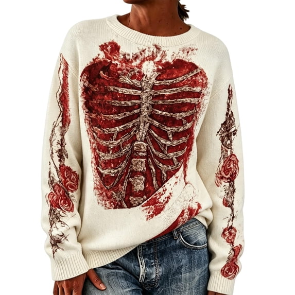 Halloween Sweaters for Women Skeleton Floral Graphic Skull Sweater, Halloween Sweater,Skeleton Sweater Long Sleeve Gothic Pullover Vintage Skull Sweaters Fall Casual Outfits