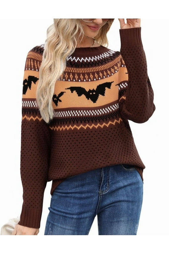 Halloween Sweaters for Women 2024 Bat Print Pullover Sweater Casual Loose Knitted Crewneck Sweaters Shermie