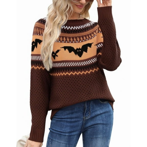Halloween Sweaters for Women 2024 Bat Print Pullover Sweater Casual Loose Knitted Crewneck Sweaters Shermie