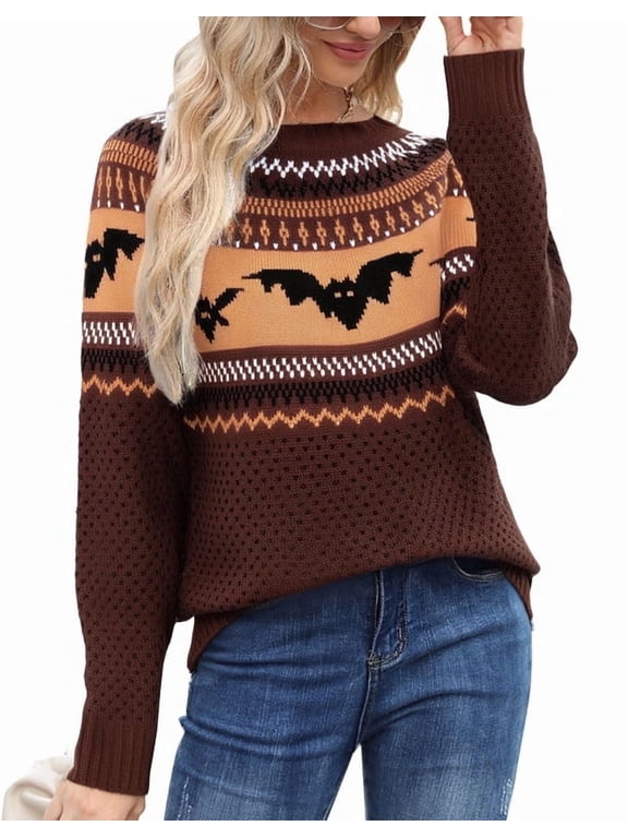 Halloween Sweaters for Women 2026 Bat Print Pullover Sweater Casual Loose Knitted Crewneck Sweaters Shermie